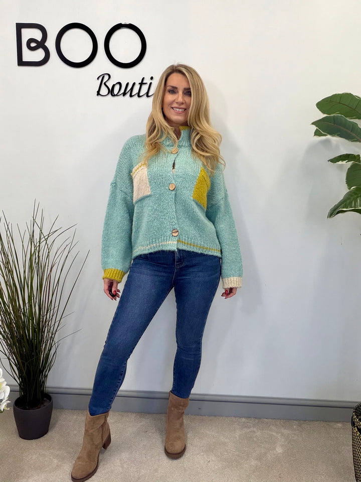 LADIES FUNKY CHUNKY KNIT TWO TONE CARDIGAN - MINT, BEIGE, ORANGE & LIME