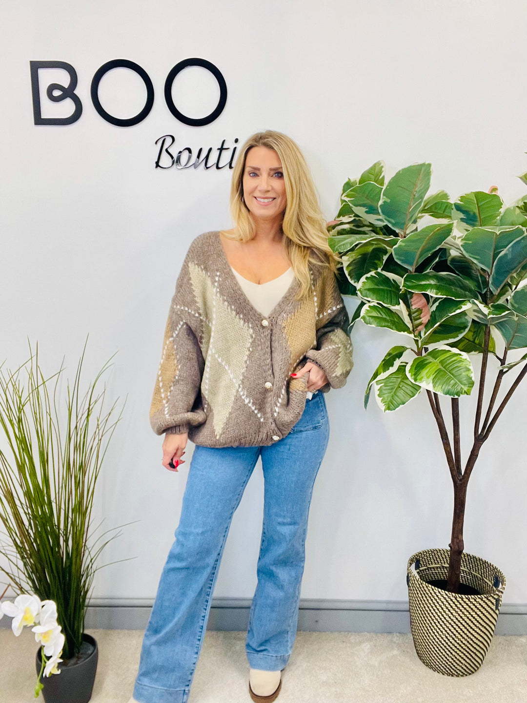 LADIES ARGYLE KNIT OVERSIZE CARDIGAN - BERRY, BEIGE, BROWN, MOCHA