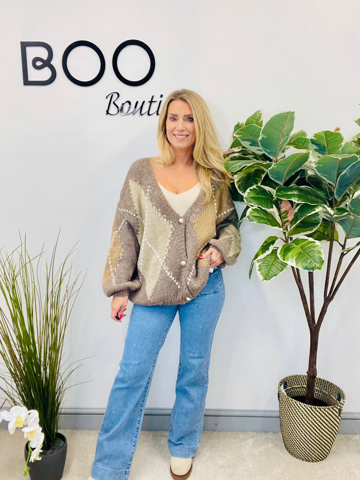 LADIES ARGYLE KNIT OVERSIZE CARDIGAN - BERRY, BEIGE, BROWN, MOCHA