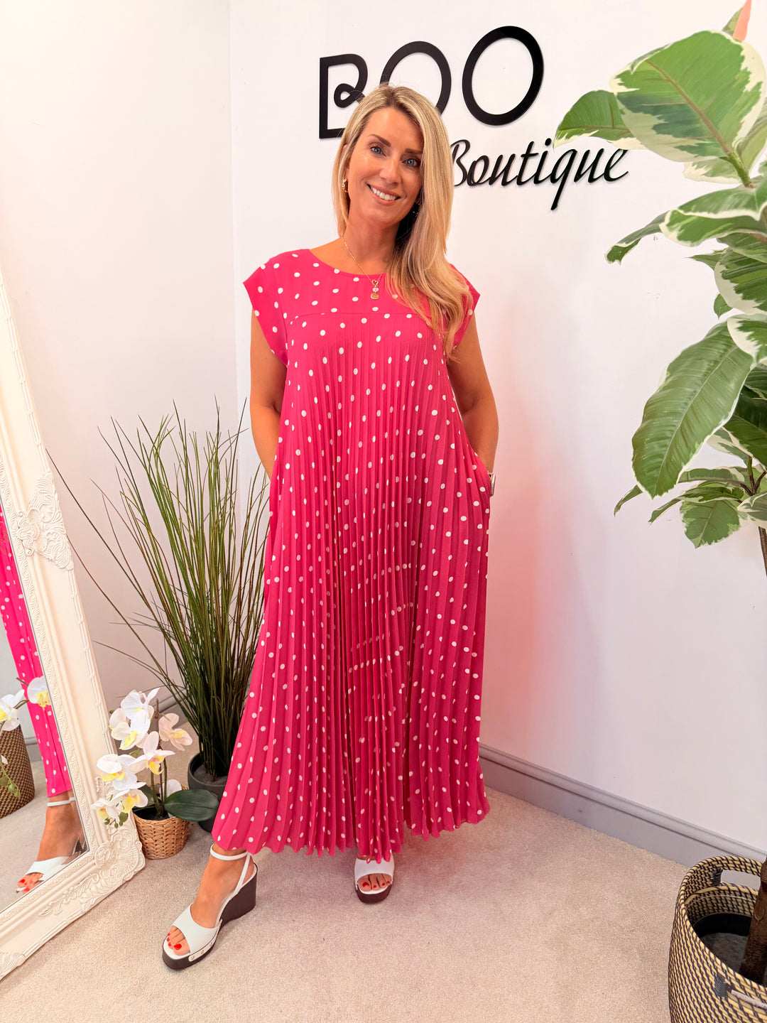 Ladies Polka Dot Summer Maxi Dress - Black, Navy, Pink, Fuschia, Blue