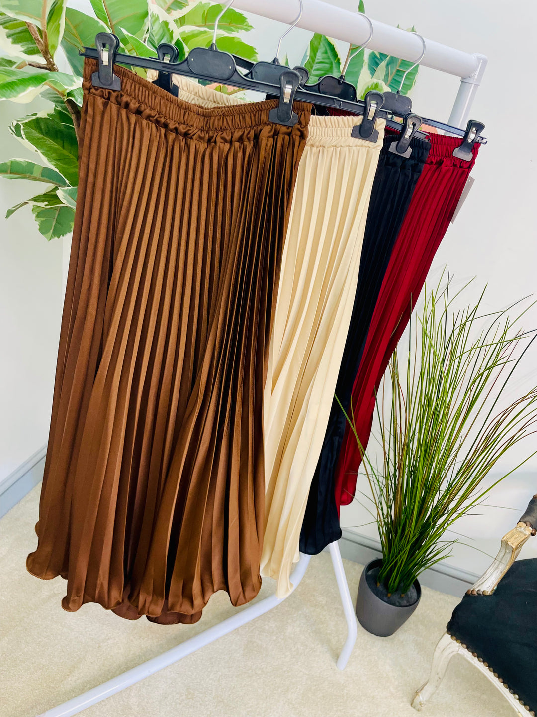 LADIES SATIN PLEATED MAXI SKIRT - BLACK, BURGUNDY, BROWN & CHAMPAGNE