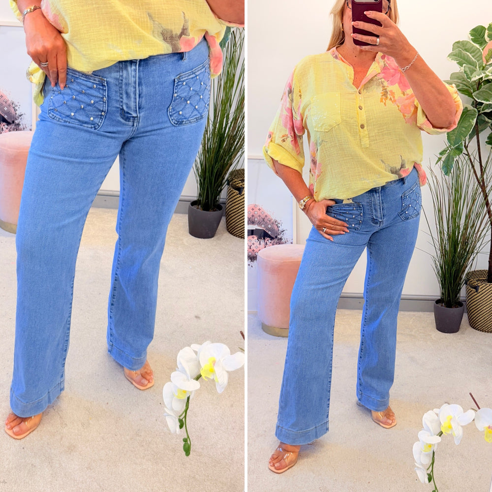 Ladies Fashion Stud Front Pocket Straight Leg Blue Denim Jeans