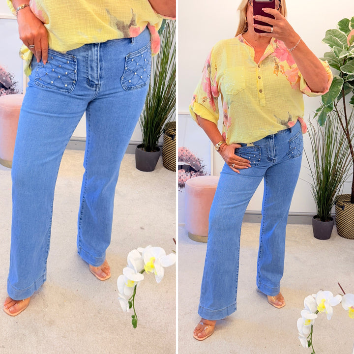 Ladies Fashion Stud Front Pocket Straight Leg Blue Denim Jeans