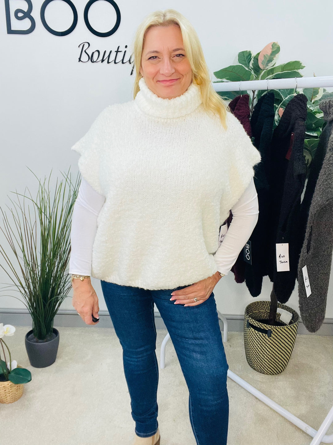 LADIES POPCORN KNIT ROLL NECK JUMPER - WHITE, BLACK, BROWN, BEIGE & BURGUNDY