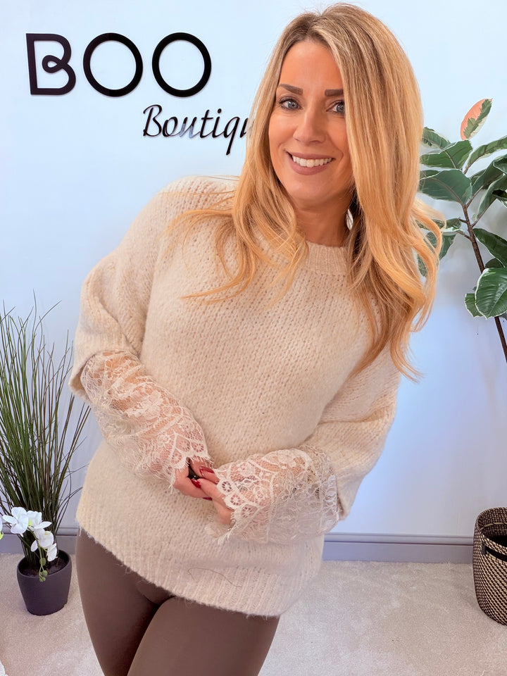 LADIES FASHION CHUNKY KNIT LACE SLEEVE JUMPER - PINK, BLUE, BEIGE, BLACK & BROWN