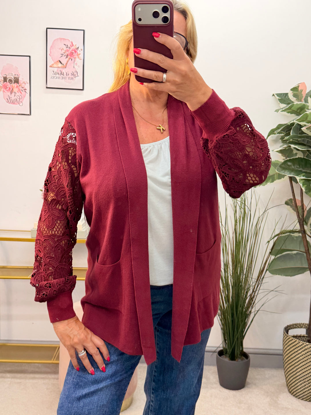 Ladies Crochet Sleeve Longline Cardigan - Black, Brown, Khaki, Wine, Beige & Grey