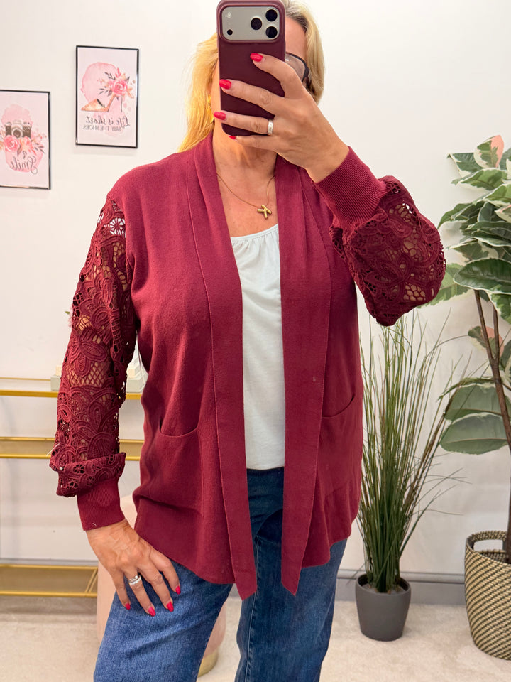 Ladies Crochet Sleeve Longline Cardigan - Black, Brown, Khaki, Wine, Beige & Grey