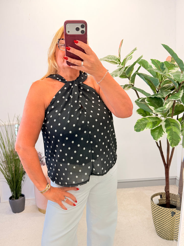 Ladies Fashion Polka Dot High Neck Top black
