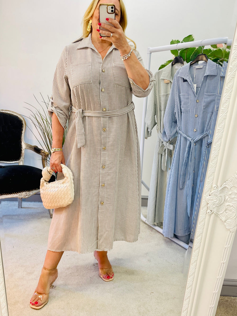 LADIES PINSTRIPE SUMMER SHIRT DRESS - BLUE, KHAKI, MOCHA