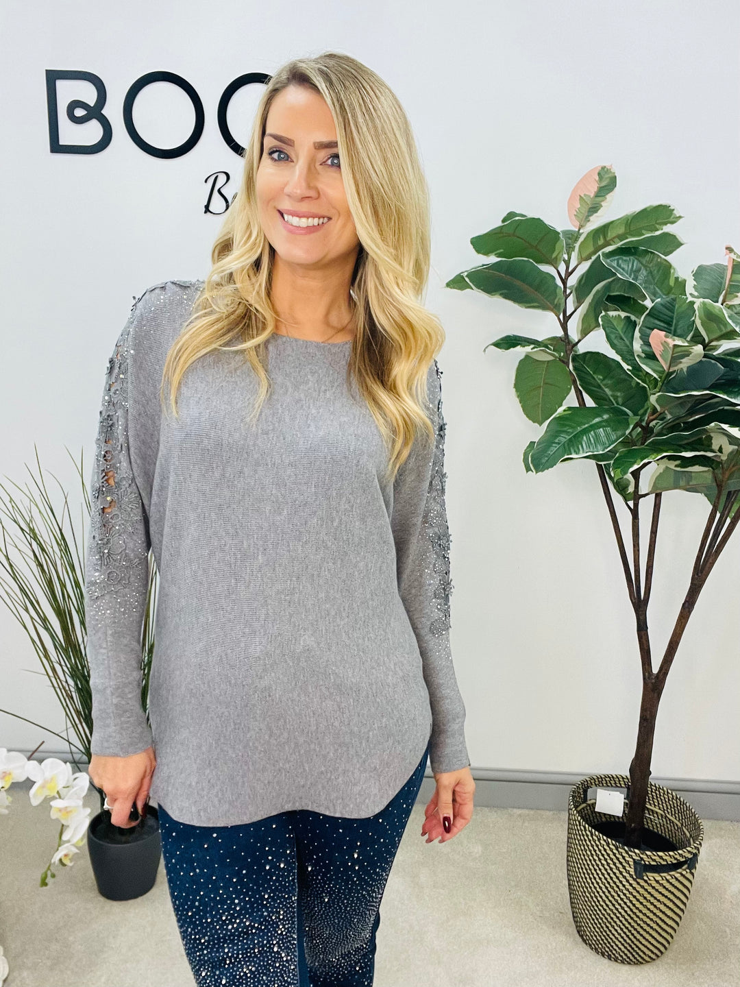 LADIES DIAMANTE SLEEVE BATWING JUMPER GREY