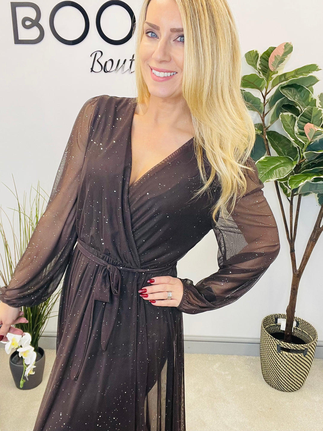 LADIES STRETCH NET PARTY MAXI DRESS - BLACK, BERRY, BROWN & GREEN