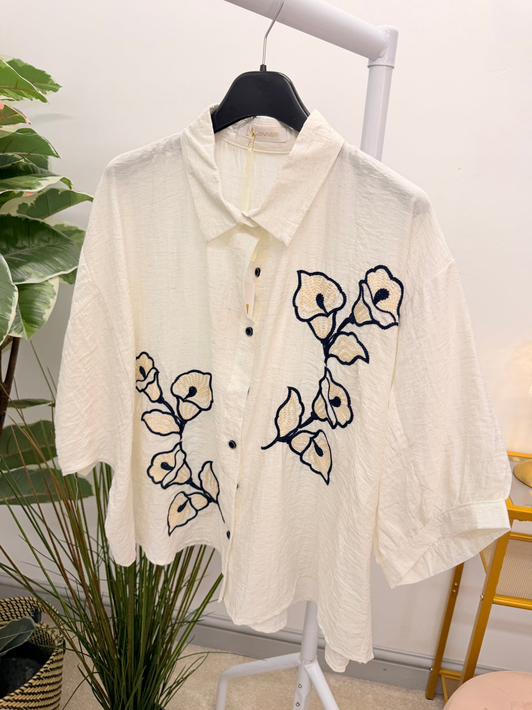 Ladies Cream & Navy Loose Fit Shirt Blouse