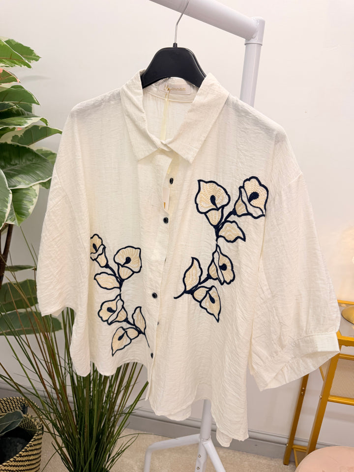 Ladies Cream & Navy Loose Fit Shirt Blouse