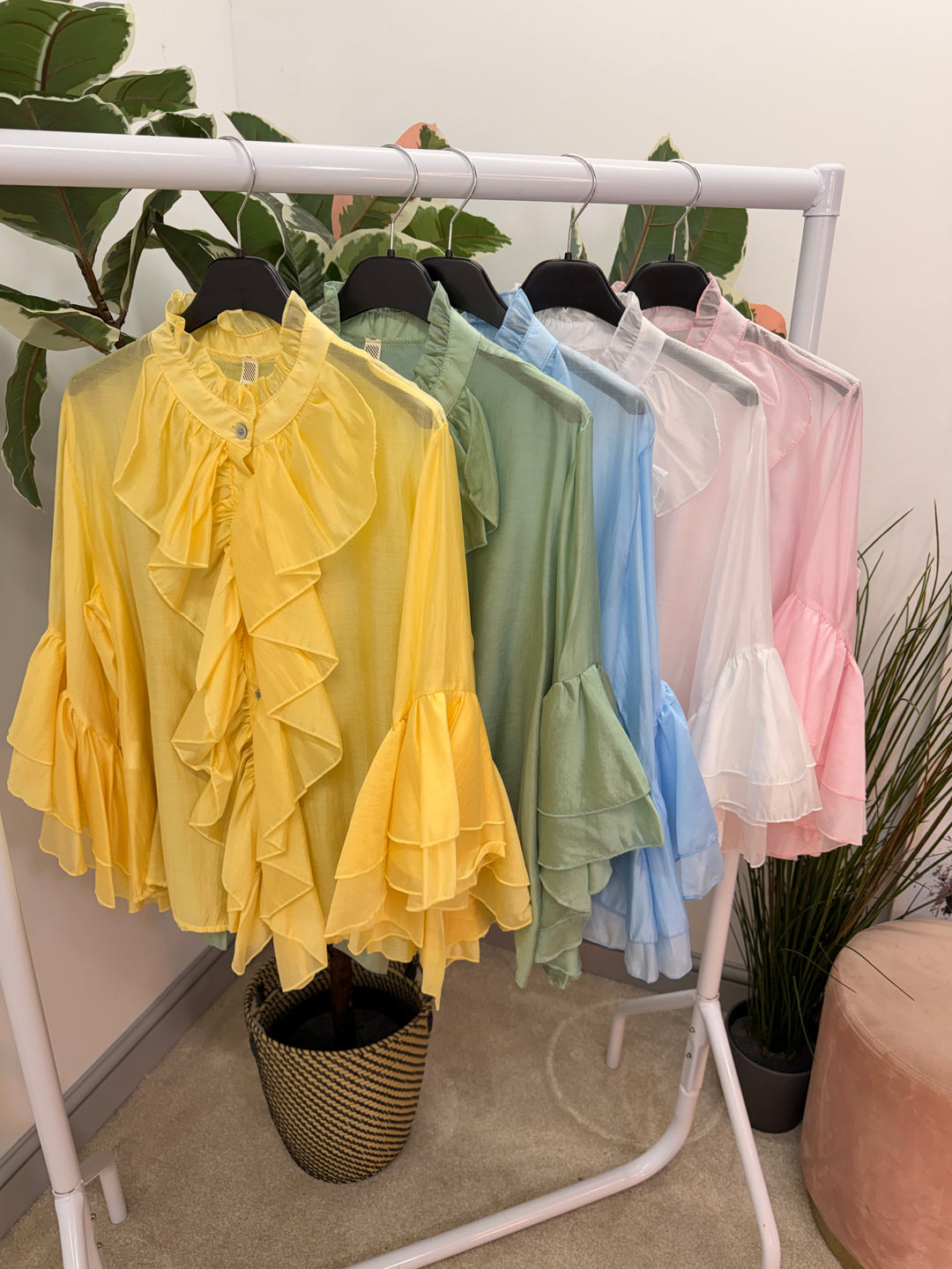 Ladies Fashion Sheer Ruffle Front Blouse Top - white, pink, blue, sage, lemon