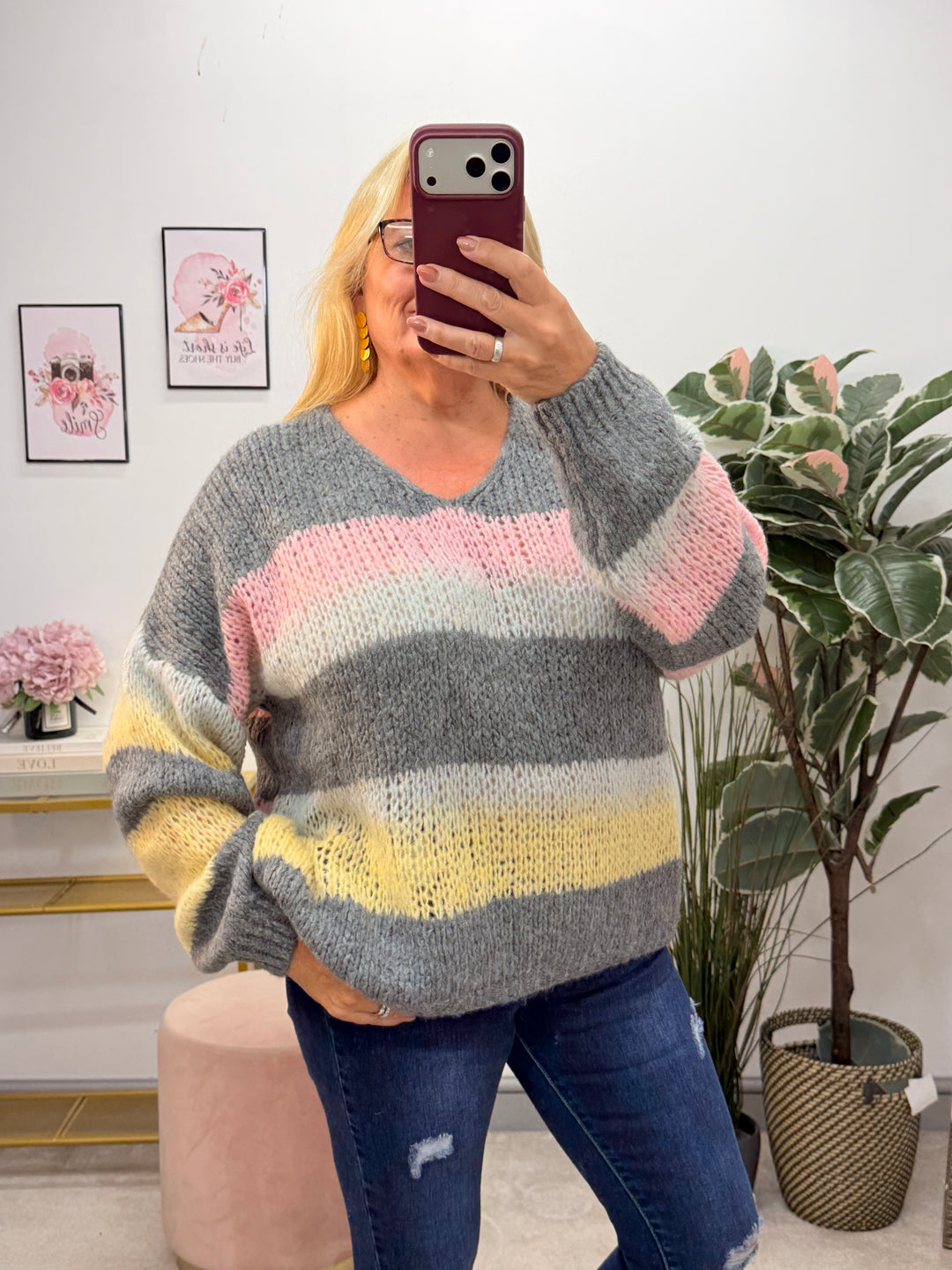 Ladies Fashion Stripe Slouch Chunky Knit Jumper - Mocha, Grey & Beige