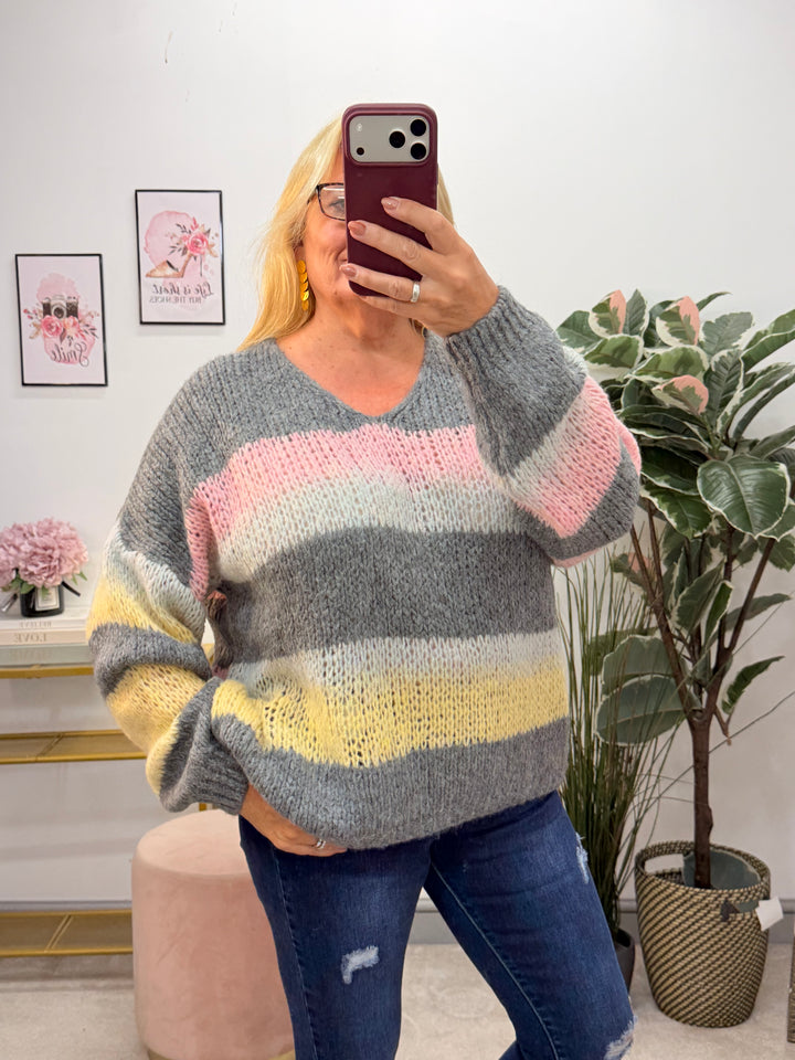 Ladies Fashion Stripe Slouch Chunky Knit Jumper - Mocha, Grey & Beige