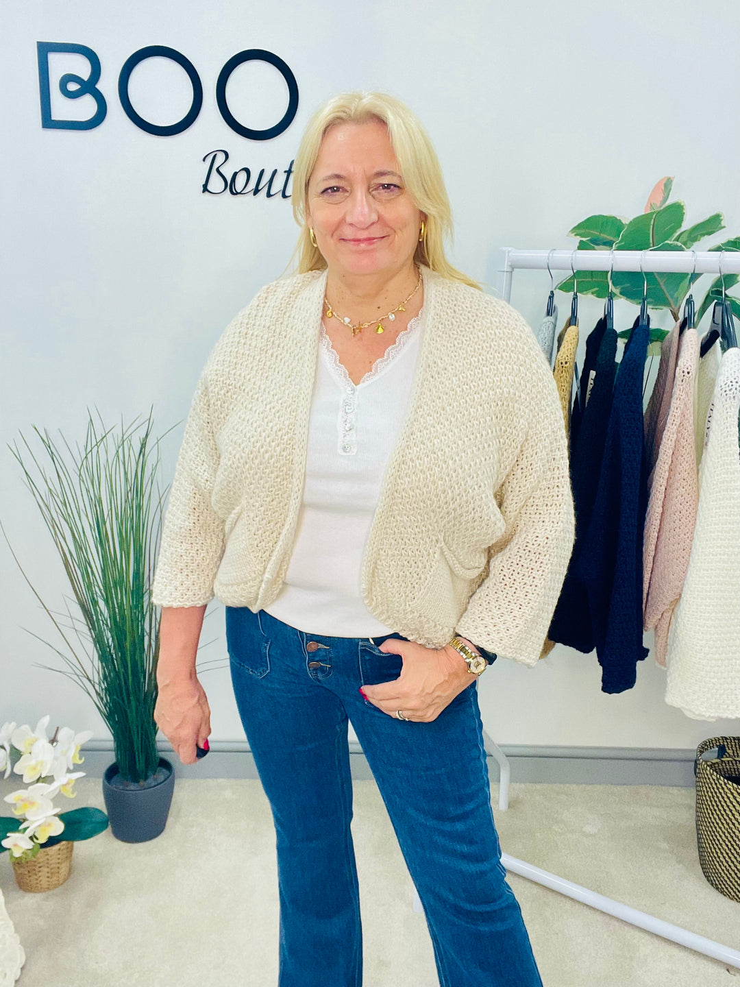LADIES KNITTED BOLERO CARDIGAN - CREAM, PINK, NAVY, BLACK, OATMEAL, CAMEL, GREY