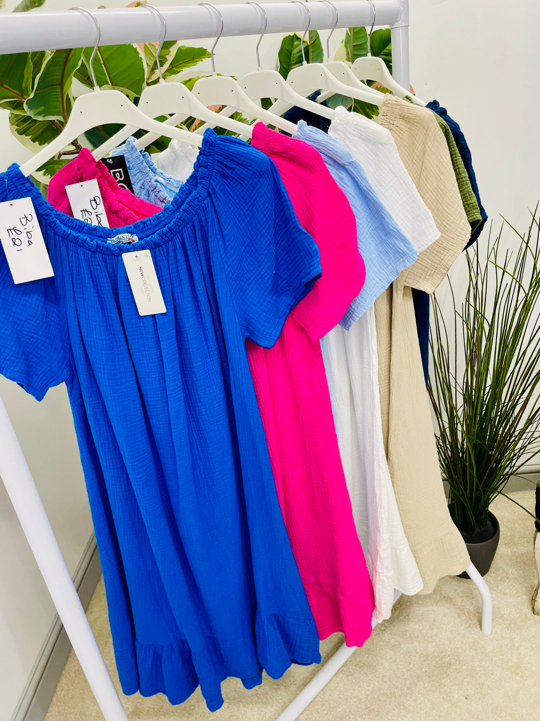 LADIES CHEESECLOTH SUMMER BARDOT MIDI DRESS - NAVY, WHITE, KHAKI, PINK, BLUE