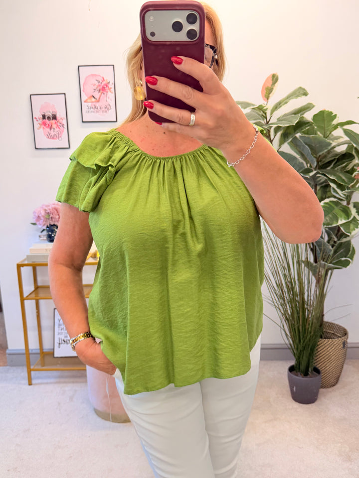 Ladies Short Sleeve Bardot Top - Lime, Black, White, Khaki, Brown, Mocha