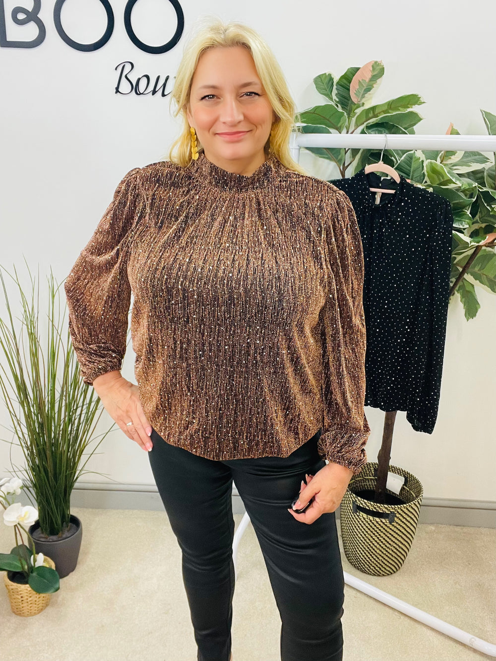 LADIES LUREX BLOUSON HIGH NECK TOP - BLACK & BRONZE