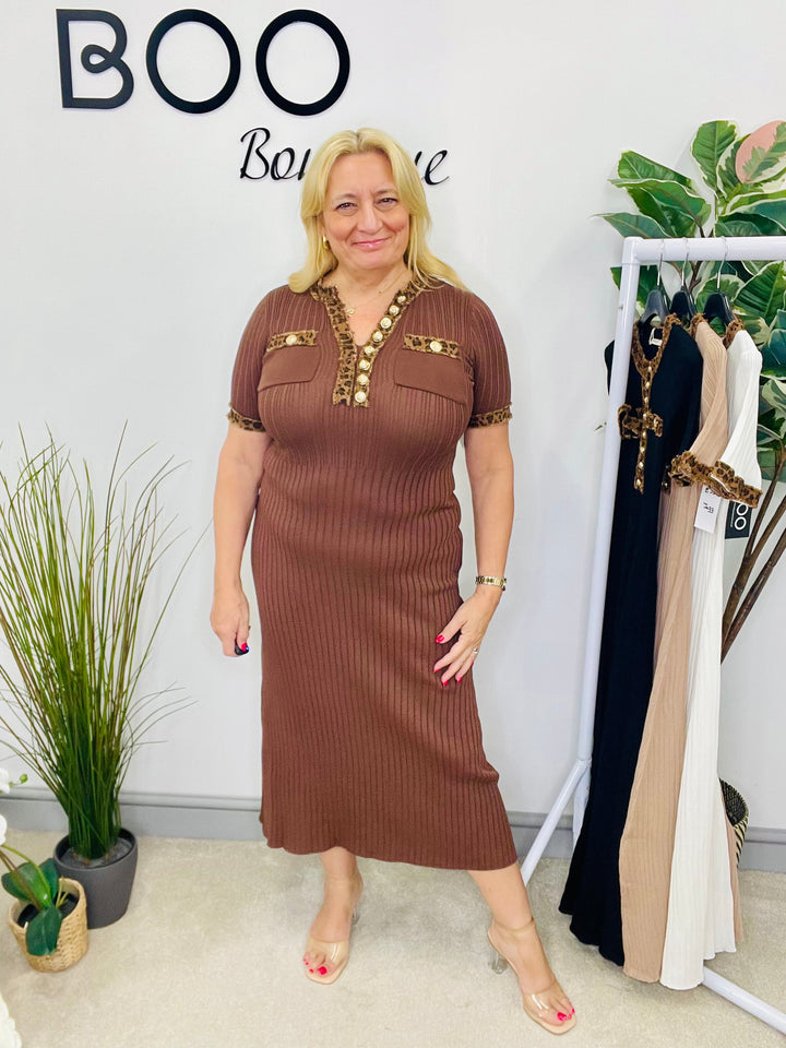LADIES STRETCH RIBBED KNIT LEOPARD DETAIL MAXI DRESS - WHITE, BLACK, BEIGE & BROWN