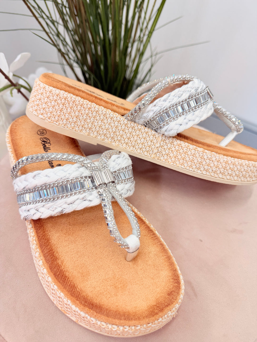 Ladies White & Silver Sparkly Summer Flatform Slider Sandals