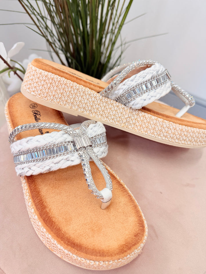 Ladies White & Silver Sparkly Summer Flatform Slider Sandals