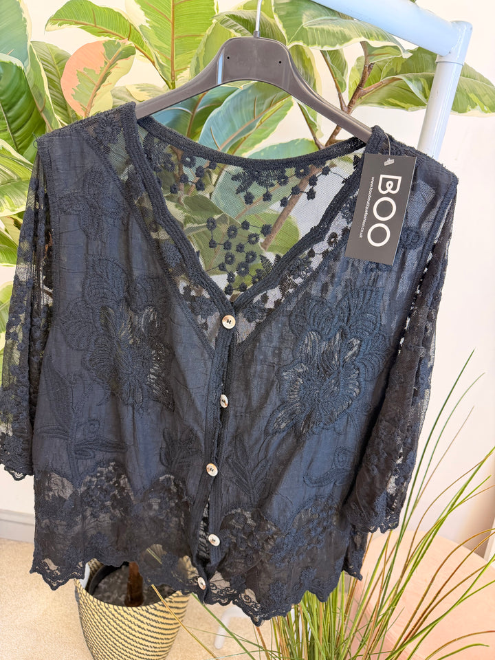 Ladies Fashion Pretty Lacy Bolero Cardigan - Black & White