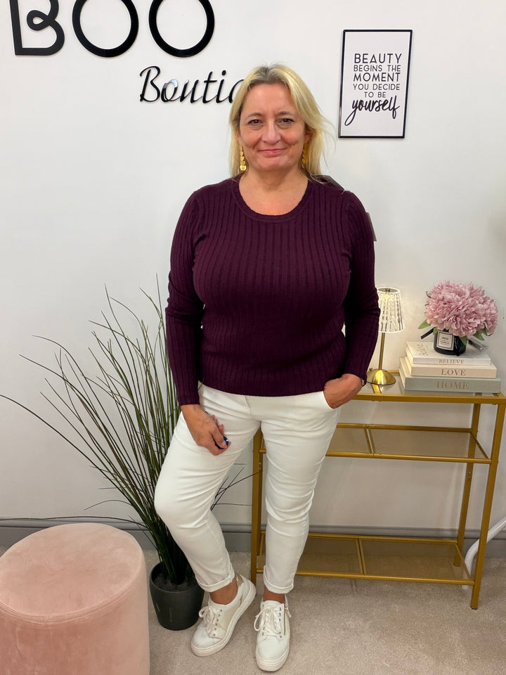 Ladies Fashion Staple Style Ribbed Stretch Knit Long Sleeve Top - Black, Wine, Camel, White & Brown
