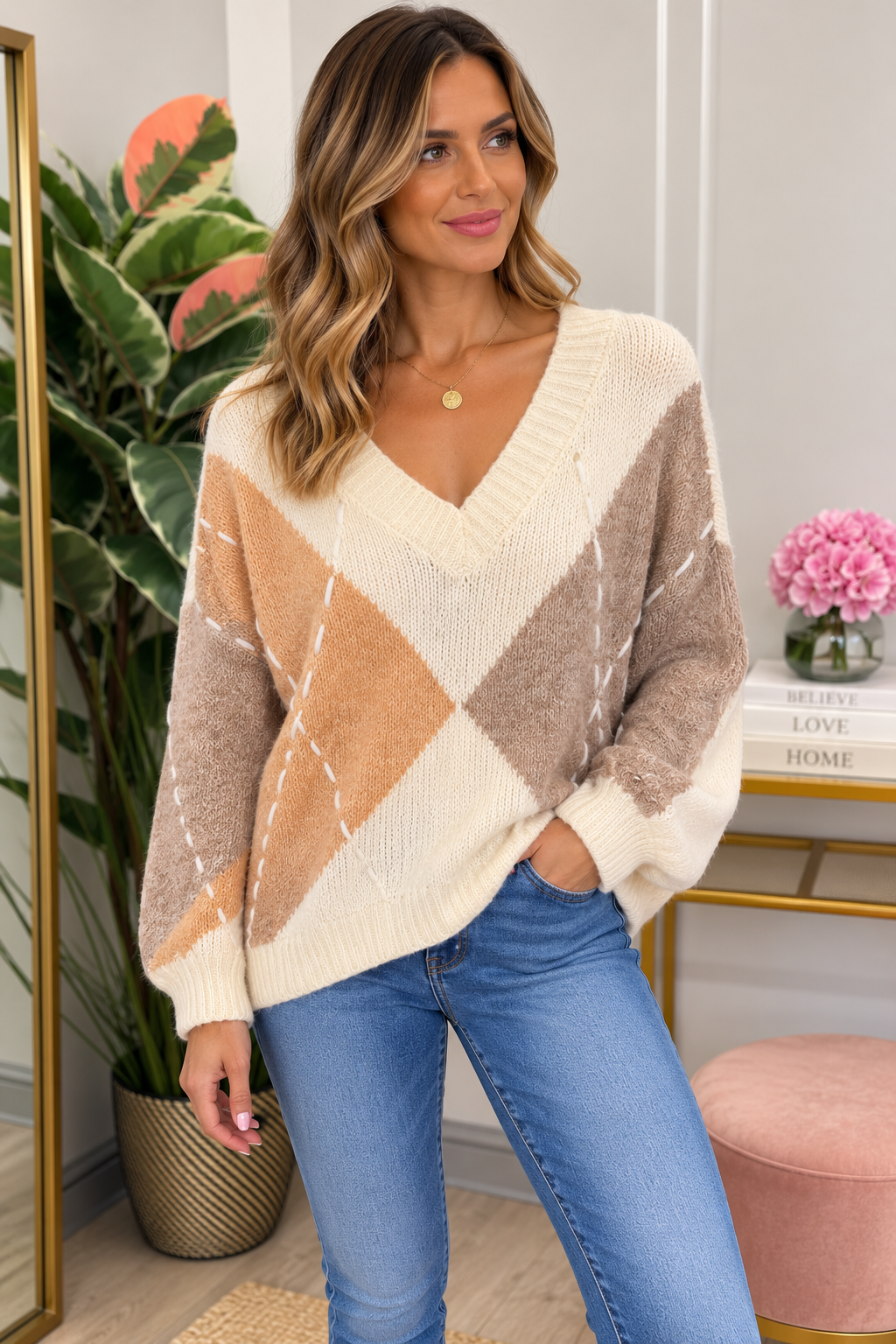 Ladies Fashion Cream Beige Mocha Cricket Loose Fit Jumper