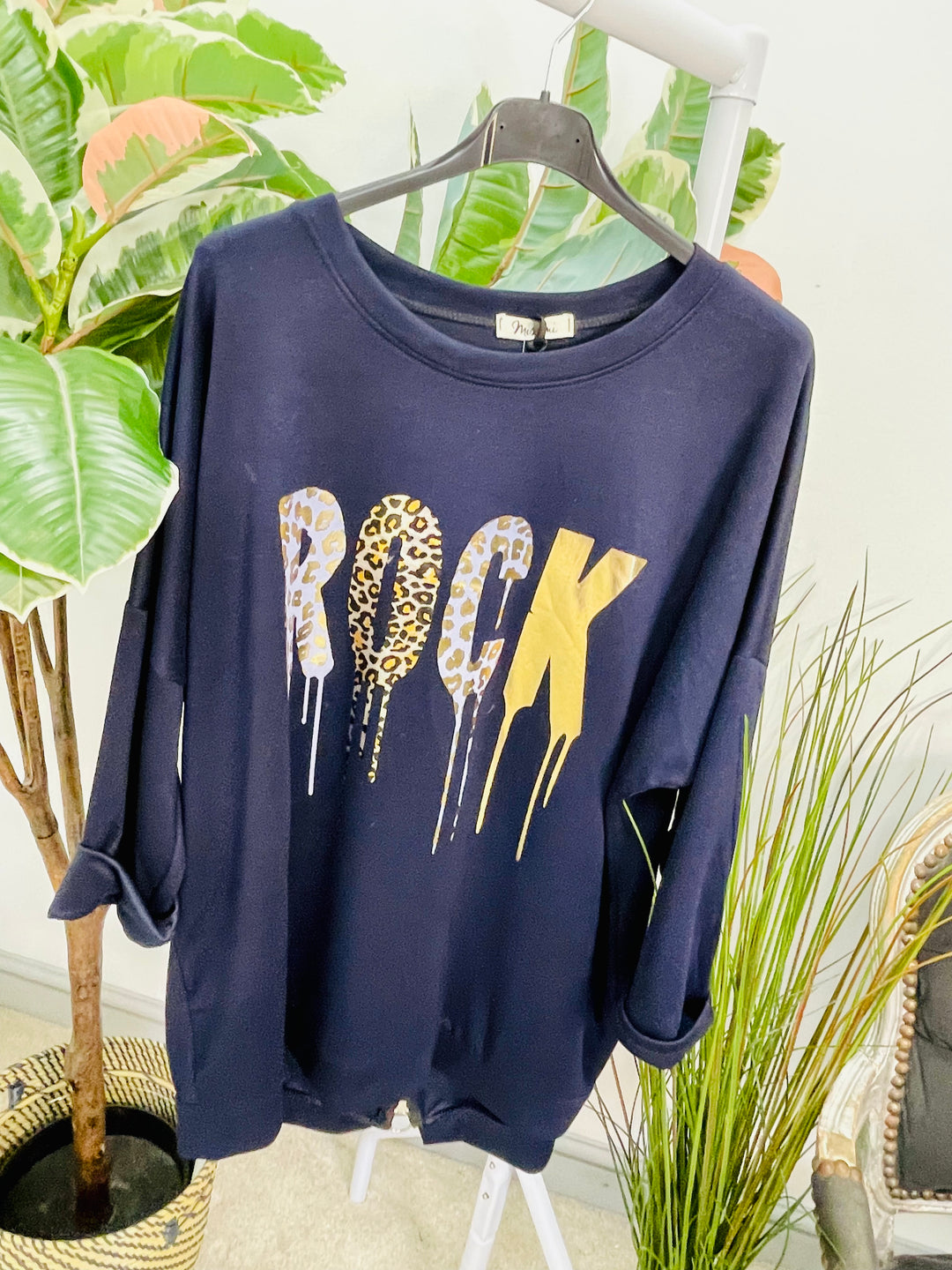 LADIES HOODIE STYLE LOOSE FIT TOP - WHITE & NAVY