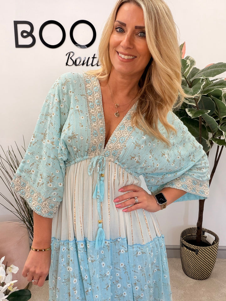 Ladies Fashion Boho Summer Maxi Dress - Pink, Cream, Mint & Blue