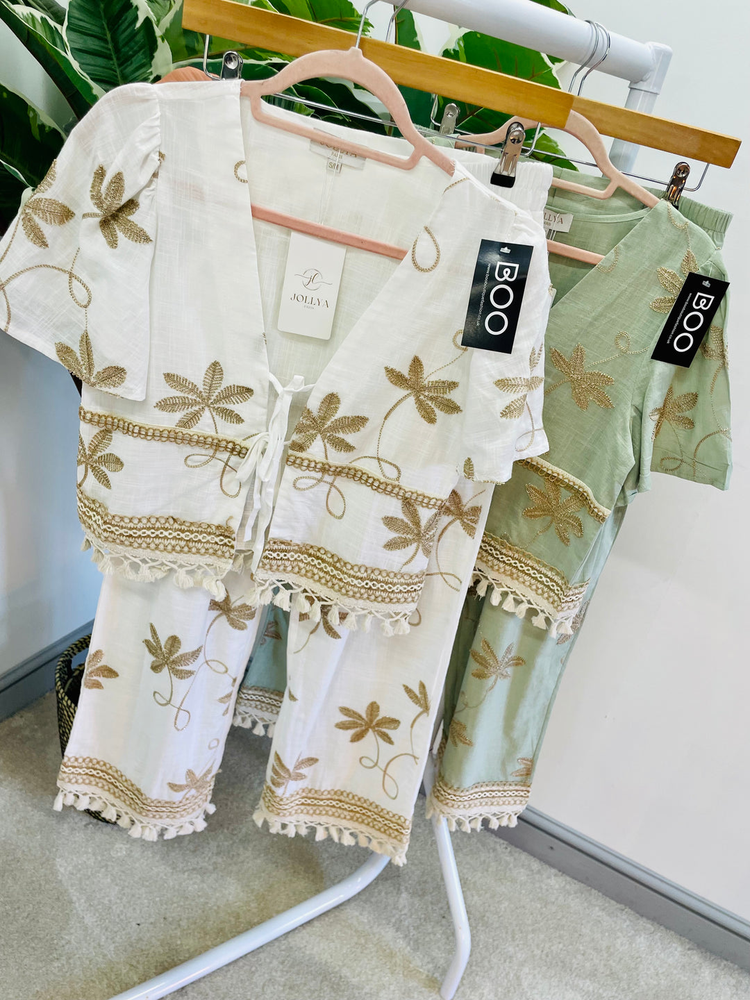 LADIES WOMENS BOHO HOLIDAY CROP TROUSER CO ORD SET - MINT & WHITE