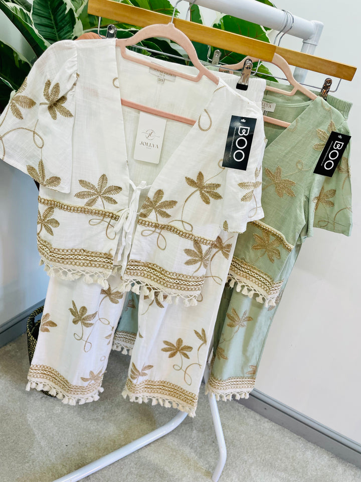 LADIES WOMENS BOHO HOLIDAY CROP TROUSER CO ORD SET - MINT & WHITE