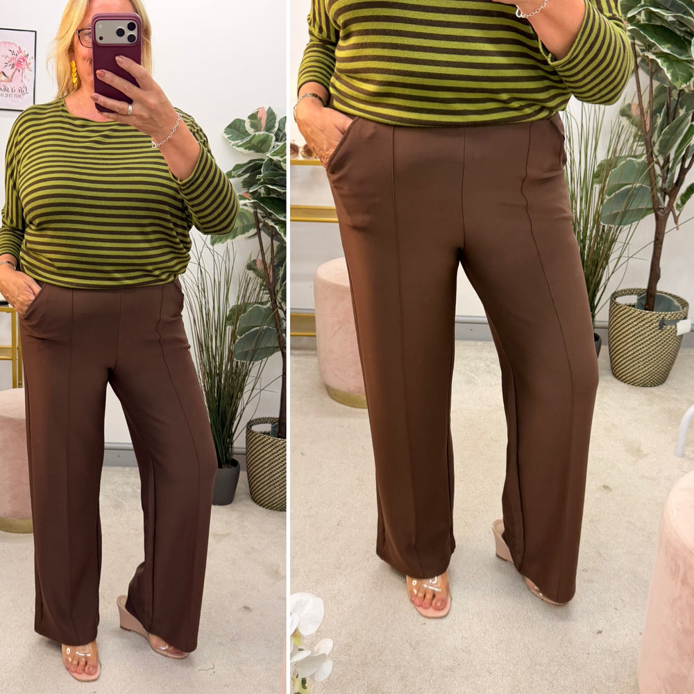 Ladies Fashion Wide Leg High Waist Smart Trousers - Black & Brown