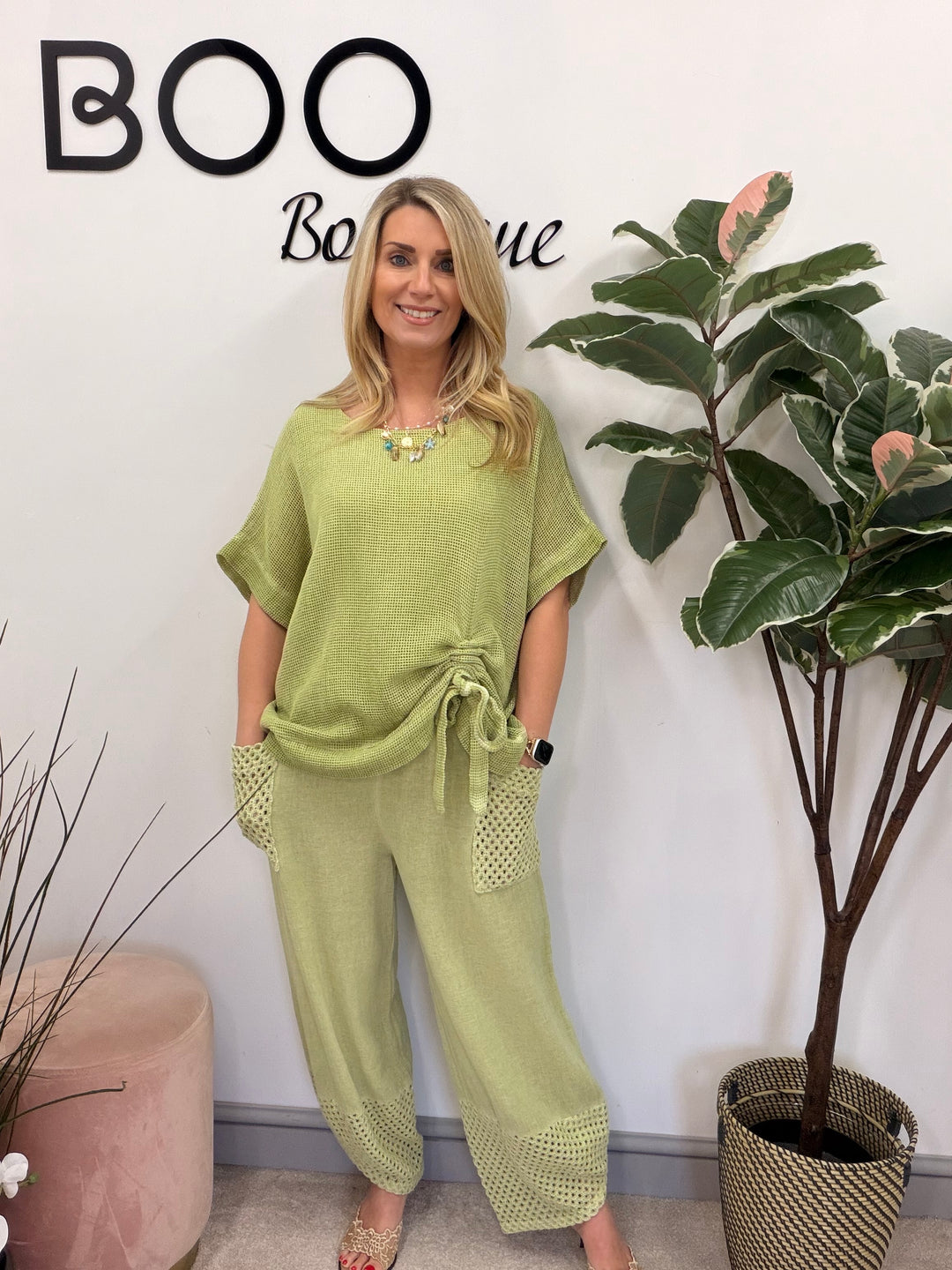 Ladies Crochet Pocket Harem Teabag Linen Trousers pistachio lime green