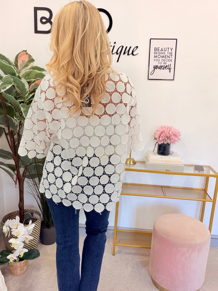 Ladies White Disc Crochet Shirt Top