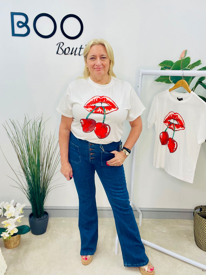 LADIES WHITE DIAMANTE LIPS & CHERRY T SHIRT TOP
