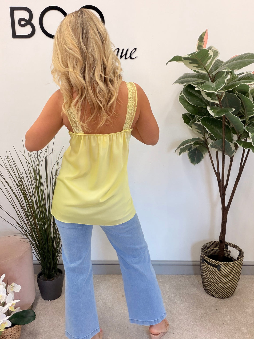 Ladies Fashion Satin Lace Edge Cami Top - Lemon, White, Black, Blue & Brown