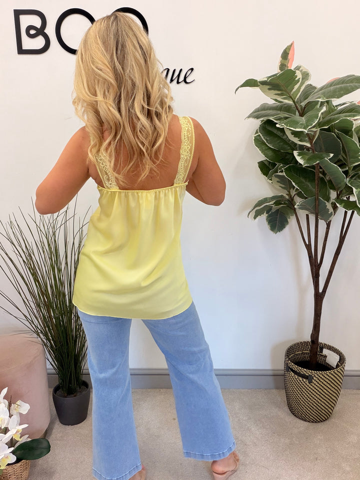 Ladies Fashion Satin Lace Edge Cami Top - Lemon, White, Black, Blue & Brown