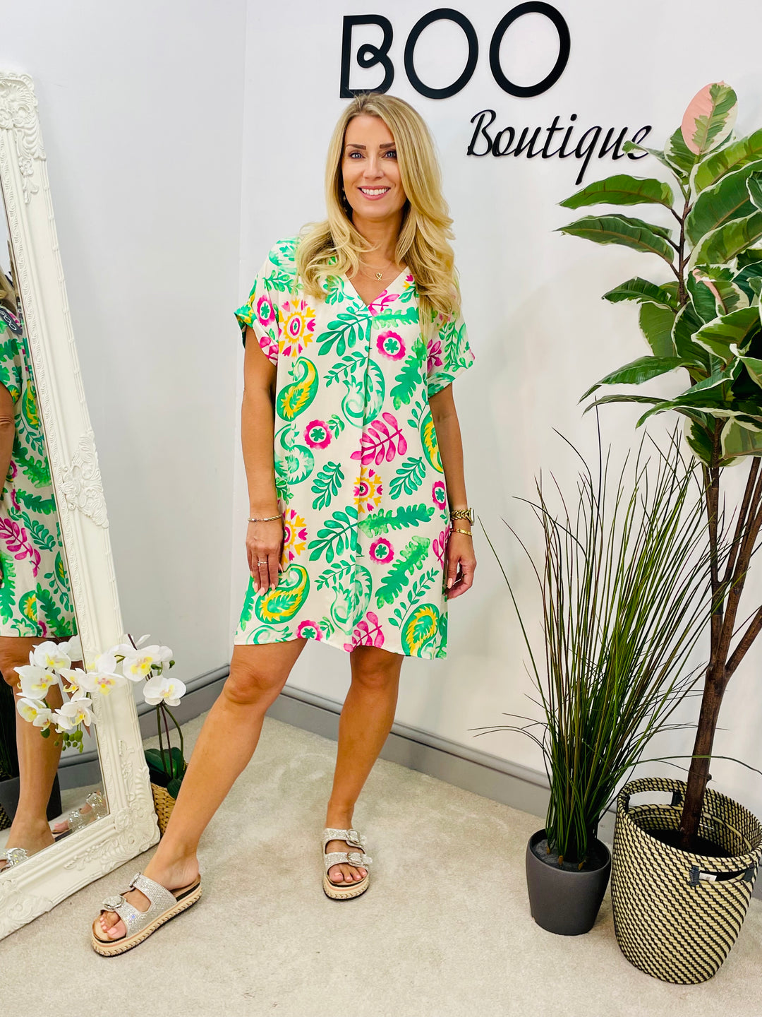 LADIES PAISLEY PRINT SHIFT SUMMER DRESS - PINK, GREEN & KHAKI
