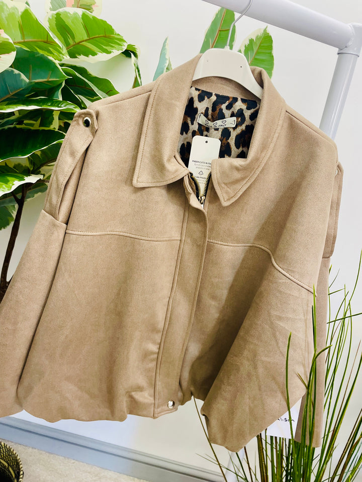LADIES FAUX SUEDE BOMBER JACKET - BLACK, BEIGE & TAUPE