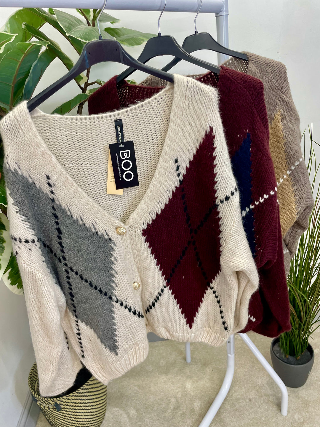 LADIES ARGYLE KNIT OVERSIZE CARDIGAN - BERRY, BEIGE, BROWN, MOCHA