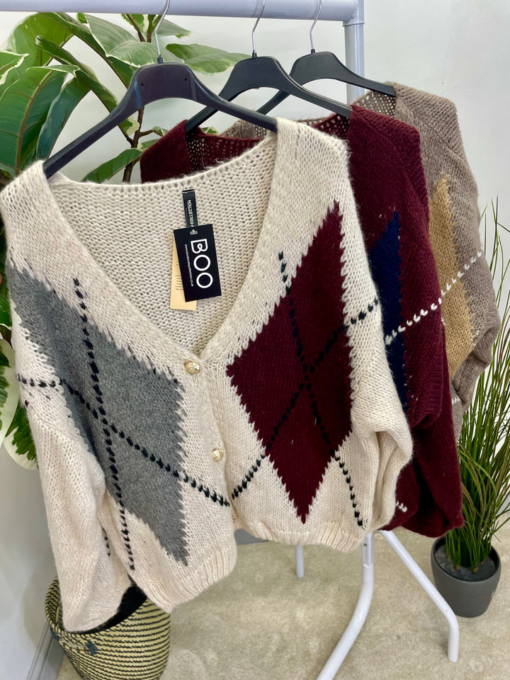 LADIES ARGYLE KNIT OVERSIZE CARDIGAN - BERRY, BEIGE, BROWN, MOCHA