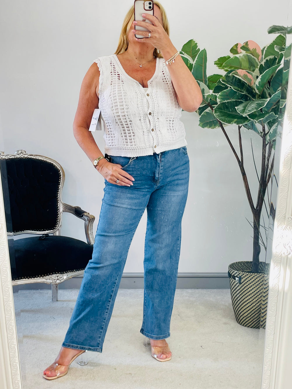 LADIES WOMENS MID WASH BLUE WIDE LEG DENIM JEANS