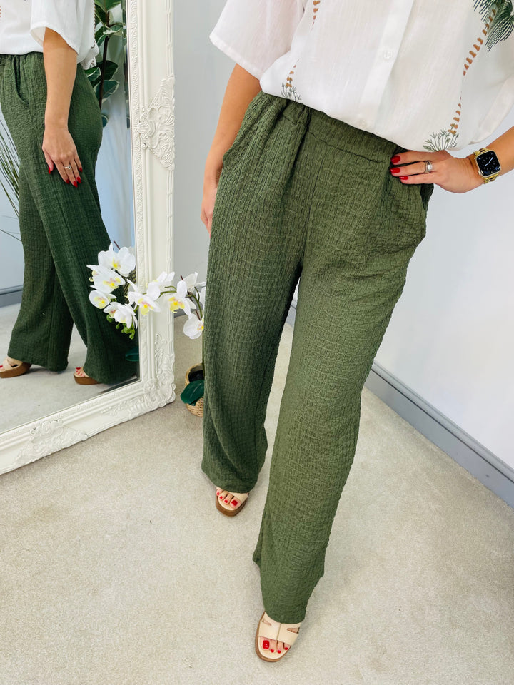 LADIES WOMENS KHAKI WIDE LEG TROUSER CO ORD SET