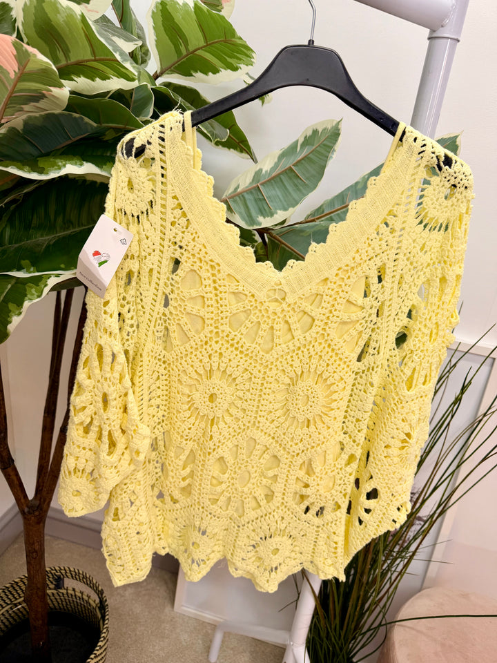 Ladies Fashion Crochet Open Knit Top lemon yellow