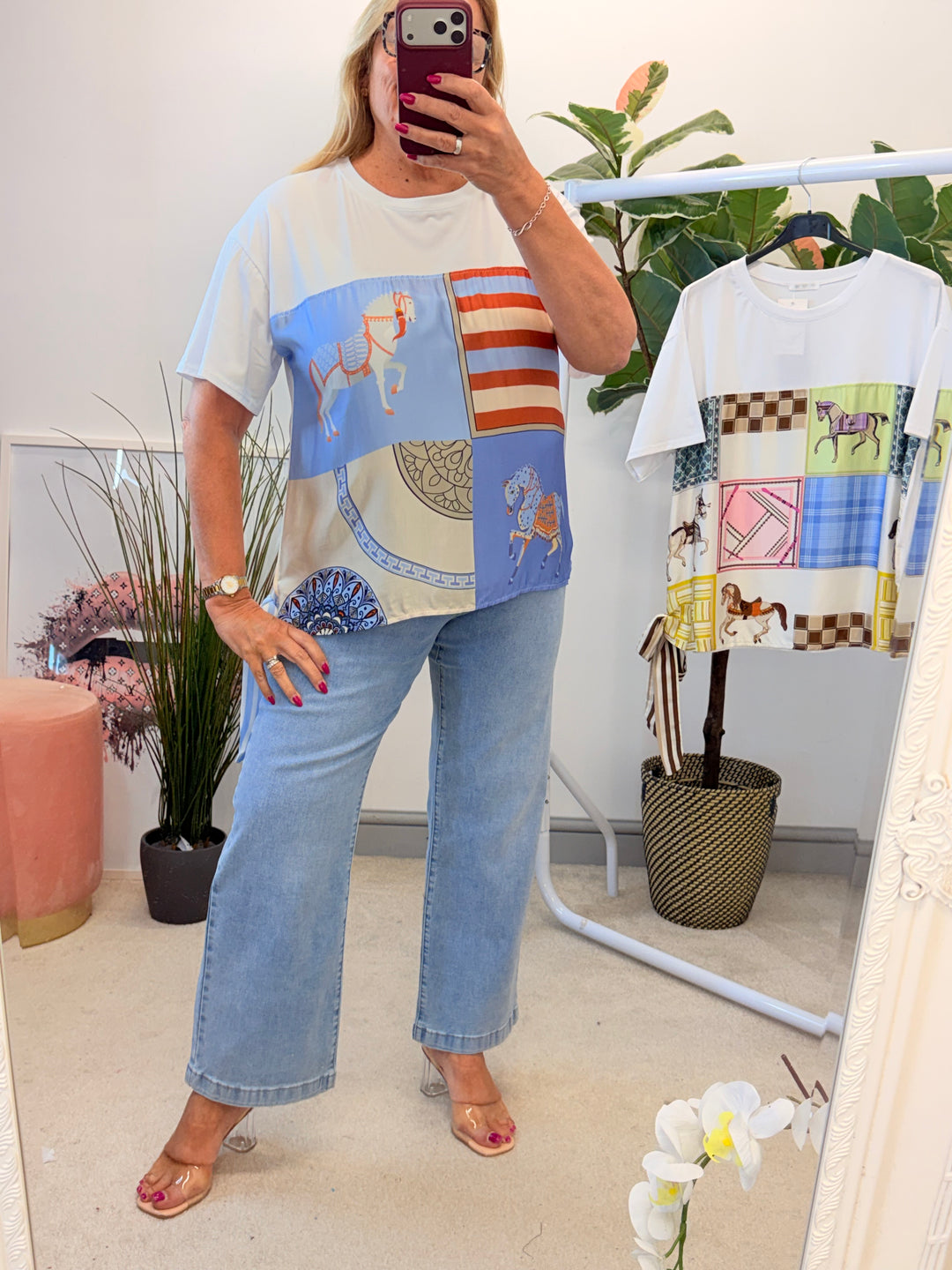 Ladies White Satin T Shirt - Pink & Blue