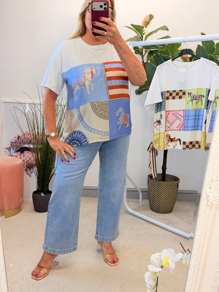 Ladies White Satin T Shirt - Pink & Blue