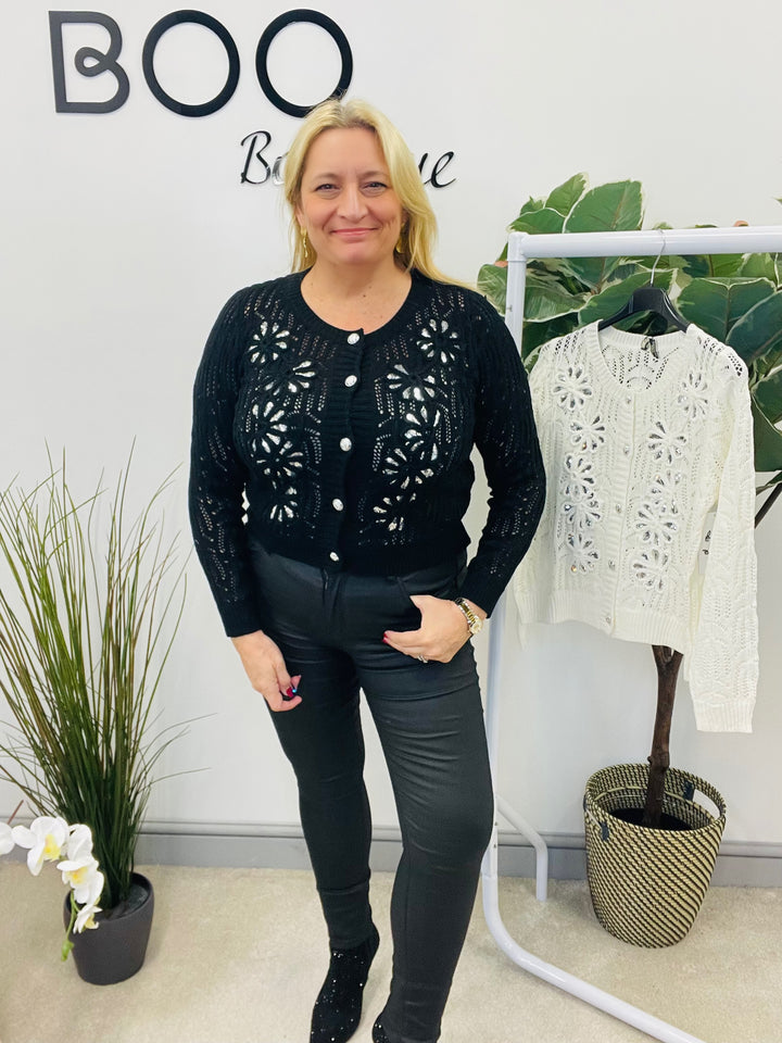 LADIES CROCHET SEQUIN CARDIGAN JUMPER - BLACK & WHITE